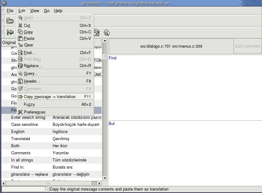 gtranslator's edit menu in the GUI context