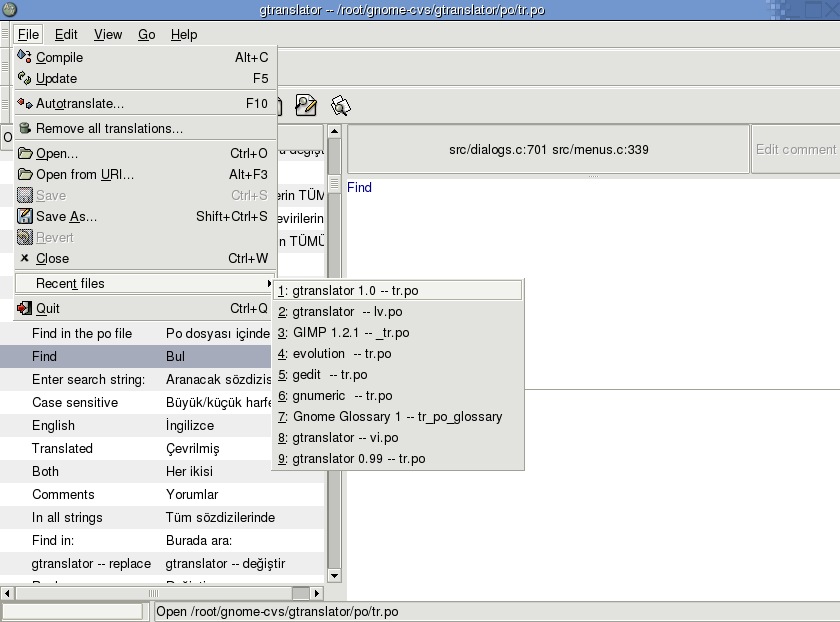 gtranslator's main file menu